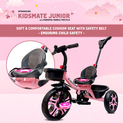 Kidsmate Junior Tricycle for Kids with Parental Control | Cycle for Kids 1-4 Years | Baby Cycle | Bicycle for Kids with Storage Basket, Cushion Seat and Seat Belt Carrying Capacity 30 Kgs (Pink) 
