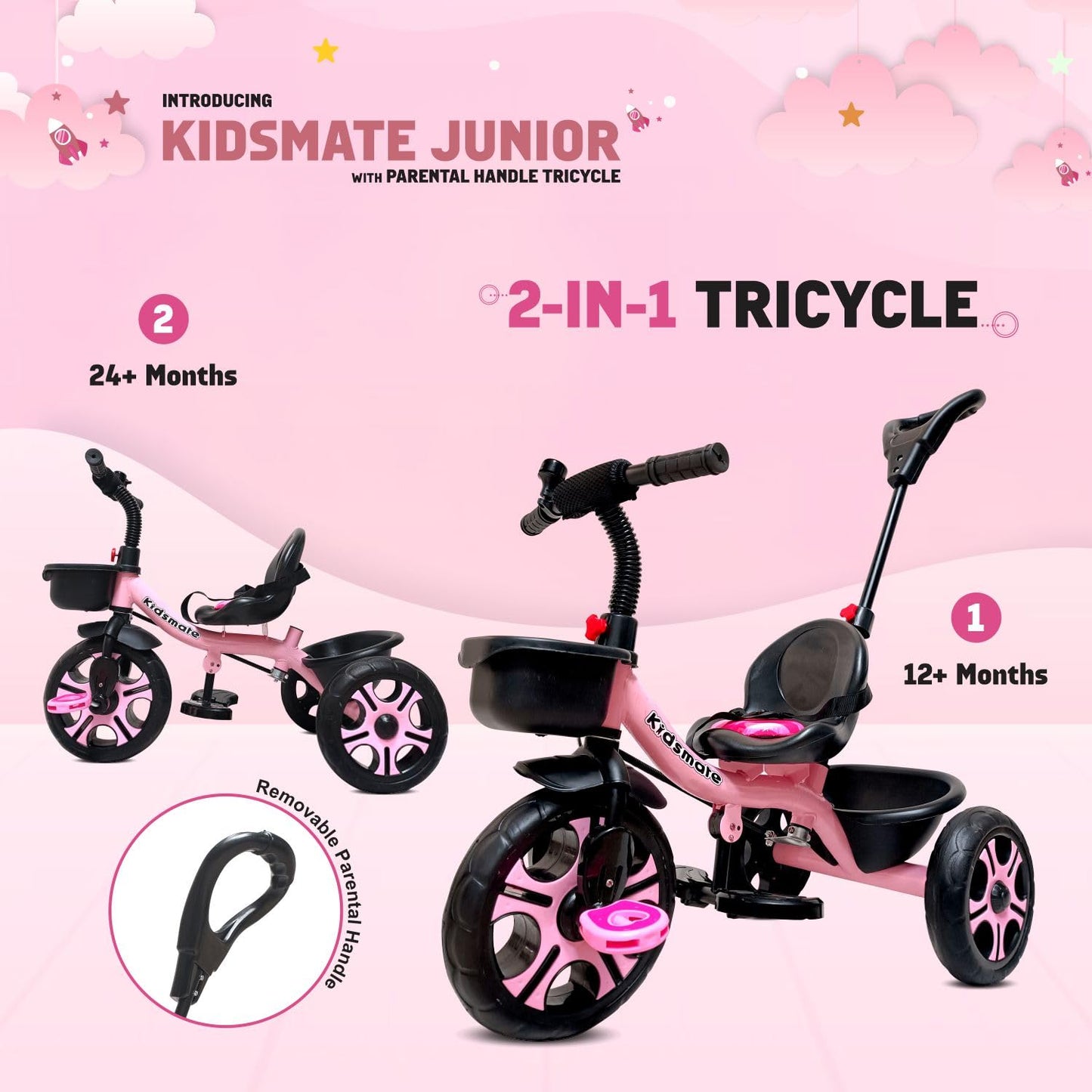 Kidsmate Junior Tricycle for Kids with Parental Control | Cycle for Kids 1-4 Years | Baby Cycle | Bicycle for Kids with Storage Basket, Cushion Seat and Seat Belt Carrying Capacity 30 Kgs (Pink) 