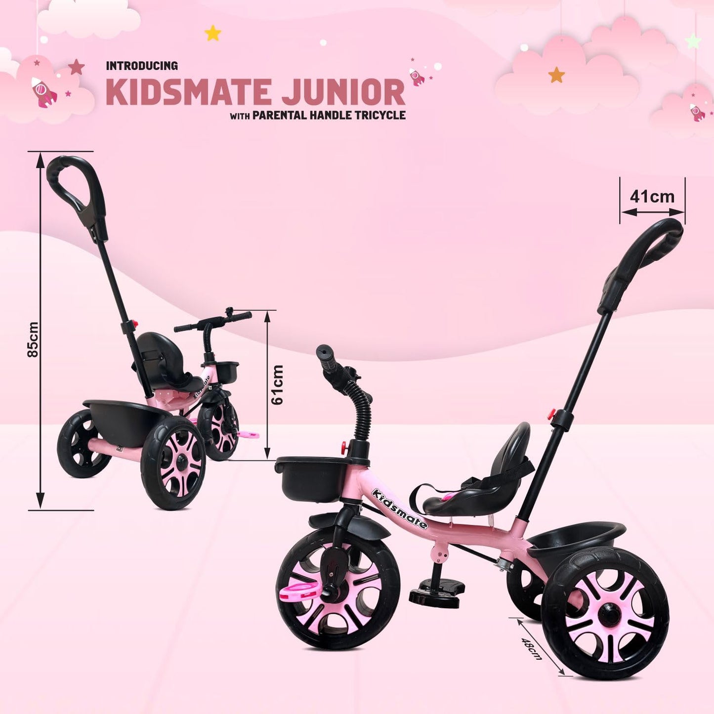 Kidsmate Junior Tricycle for Kids with Parental Control | Cycle for Kids 1-4 Years | Baby Cycle | Bicycle for Kids with Storage Basket, Cushion Seat and Seat Belt Carrying Capacity 30 Kgs (Pink) 