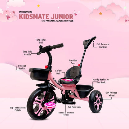 Kidsmate Junior Tricycle for Kids with Parental Control | Cycle for Kids 1-4 Years | Baby Cycle | Bicycle for Kids with Storage Basket, Cushion Seat and Seat Belt Carrying Capacity 30 Kgs (Pink) 