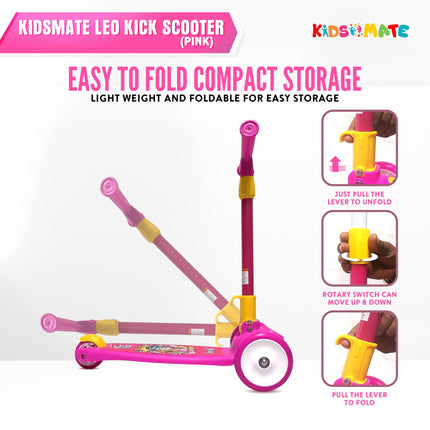 Kidsmate Leo Kick Scooter for Kids, 4 Adjustable Height Scooter, Foldable & Attractive PVC Wheels with Rare Brakes for Kids Age Upto 3+ Years (Pink) 