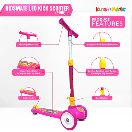 Kidsmate Leo Kick Scooter for Kids, 4 Adjustable Height Scooter, Foldable & Attractive PVC Wheels with Rare Brakes for Kids Age Upto 3+ Years (Pink) 