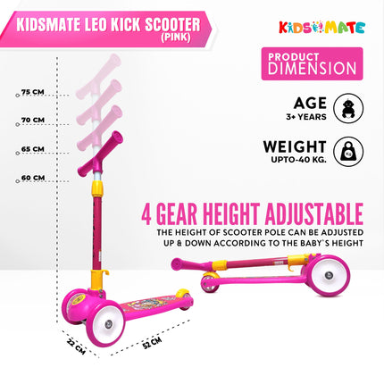 Kidsmate Leo Kick Scooter for Kids, 4 Adjustable Height Scooter, Foldable & Attractive PVC Wheels with Rare Brakes for Kids Age Upto 3+ Years (Pink) 