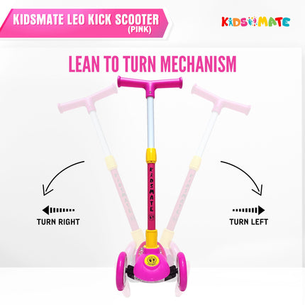 Kidsmate Leo Kick Scooter for Kids, 4 Adjustable Height Scooter, Foldable & Attractive PVC Wheels with Rare Brakes for Kids Age Upto 3+ Years (Pink) 