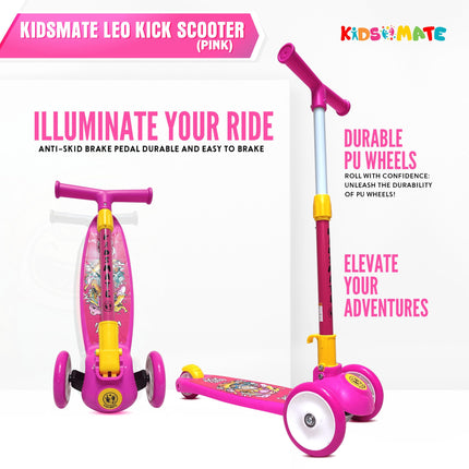 Kidsmate Leo Kick Scooter for Kids, 4 Adjustable Height Scooter, Foldable & Attractive PVC Wheels with Rare Brakes for Kids Age Upto 3+ Years (Pink) 