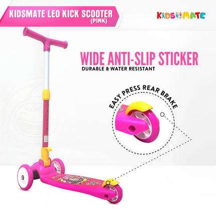 Kidsmate Leo Kick Scooter for Kids, 4 Adjustable Height Scooter, Foldable & Attractive PVC Wheels with Rare Brakes for Kids Age Upto 3+ Years (Pink) 