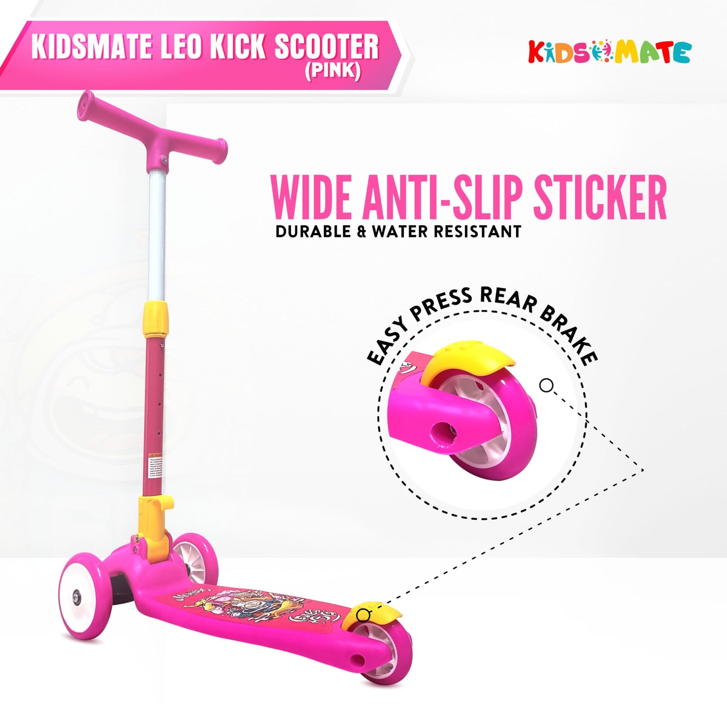 Kidsmate Leo Kick Scooter for Kids, 4 Adjustable Height Scooter, Foldable & Attractive PVC Wheels with Rare Brakes for Kids Age Upto 3+ Years (Pink) 