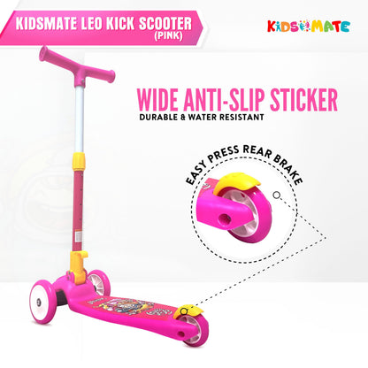 Kidsmate Leo Kick Scooter for Kids, 4 Adjustable Height Scooter, Foldable & Attractive PVC Wheels with Rare Brakes for Kids Age Upto 3+ Years (Pink) 