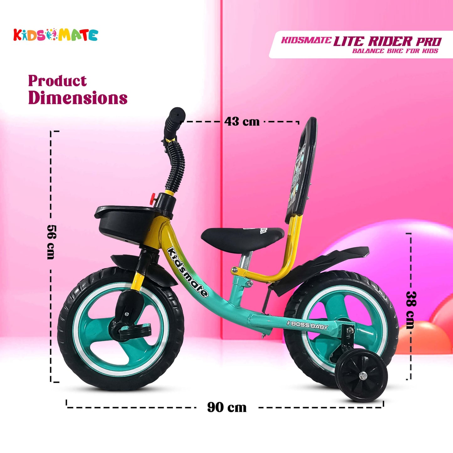 Kidsmate Lite Rider Pro Balance Cycle for Kids - Kids Cycle with Adjustable Seat & Backrest | Bell with Durable Training Wheels & EVA Tires | Baby Balance Bike Perfect for Ages 1-4Y (Sea Green) 