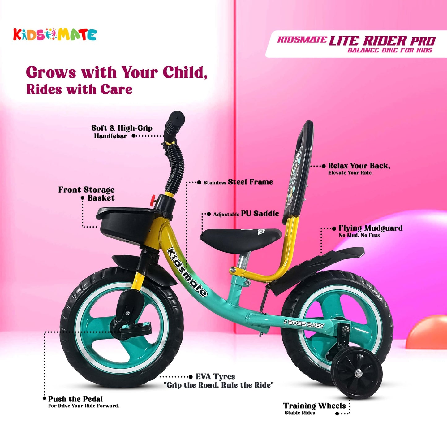 Kidsmate Lite Rider Pro Balance Cycle for Kids - Kids Cycle with Adjustable Seat & Backrest | Bell with Durable Training Wheels & EVA Tires | Baby Balance Bike Perfect for Ages 1-4Y (Sea Green) 