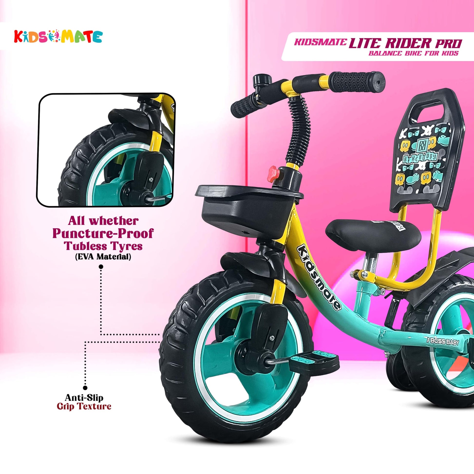 Kidsmate Lite Rider Pro Balance Cycle for Kids - Kids Cycle with Adjustable Seat & Backrest | Bell with Durable Training Wheels & EVA Tires | Baby Balance Bike Perfect for Ages 1-4Y (Sea Green) 