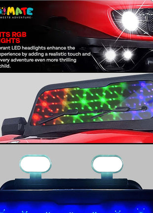 Kidsmate Power Ride Battery Operated Baby Car Jeep for Kids | Remote Control Car with RGB Lights, Music & 12V Rechargeable Battery | Perfect Ride-On Toy 4 Wheel Car for Boys & Girls Ages 3-8 Yr (Red) 