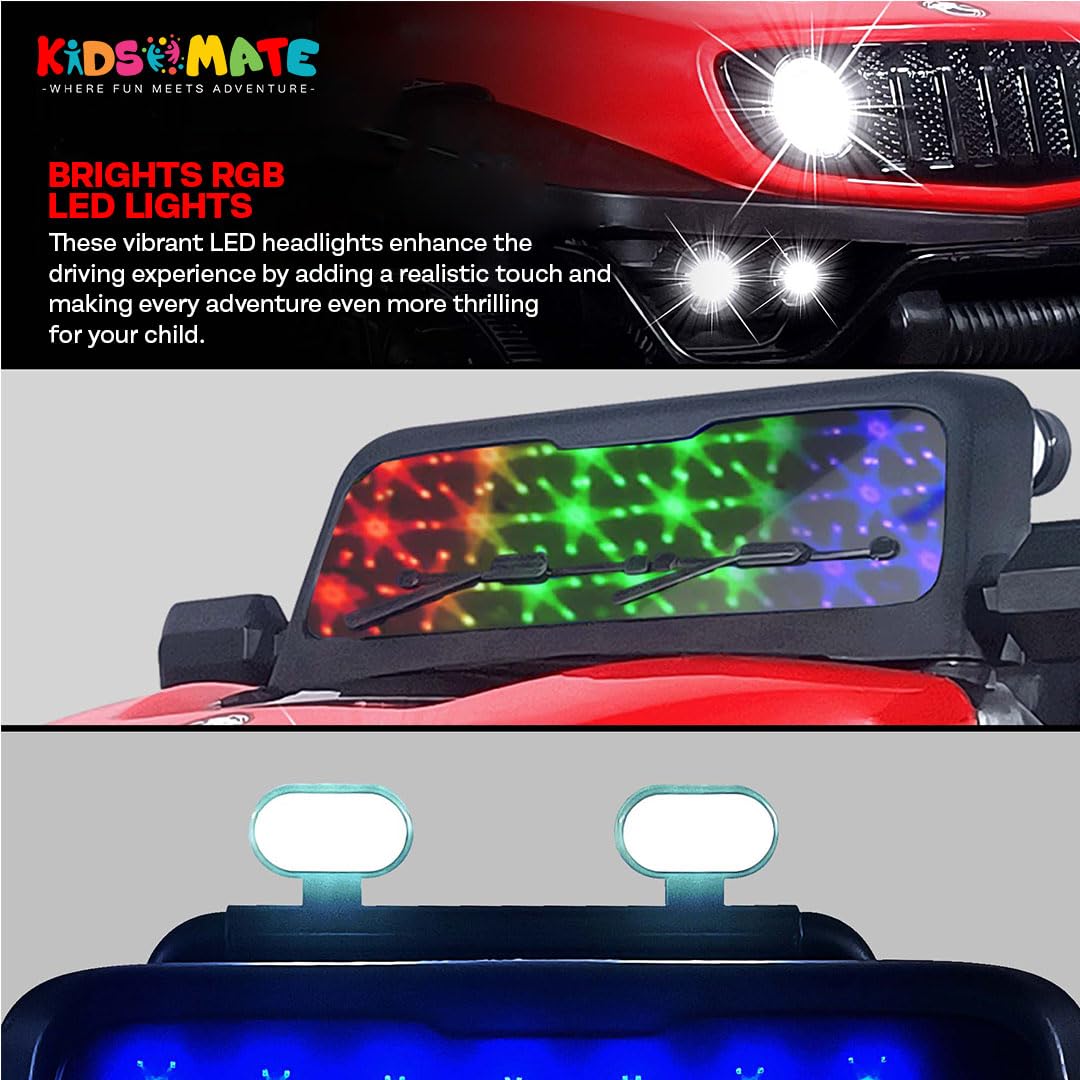 Kidsmate Power Ride Battery Operated Baby Car Jeep for Kids | Remote Control Car with RGB Lights, Music & 12V Rechargeable Battery | Perfect Ride-On Toy 4 Wheel Car for Boys & Girls Ages 3-8 Yr (Red) 