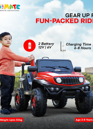 Kidsmate Power Ride Battery Operated Baby Car Jeep for Kids | Remote Control Car with RGB Lights, Music & 12V Rechargeable Battery | Perfect Ride-On Toy 4 Wheel Car for Boys & Girls Ages 3-8 Yr (Red) 
