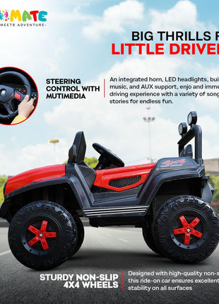 Kidsmate Power Ride Battery Operated Baby Car Jeep for Kids | Remote Control Car with RGB Lights, Music & 12V Rechargeable Battery | Perfect Ride-On Toy 4 Wheel Car for Boys & Girls Ages 3-8 Yr (Red) 