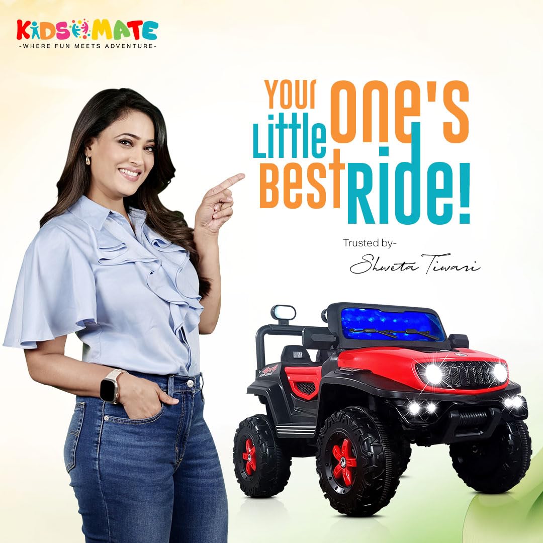 Kidsmate Power Ride Battery Operated Baby Car Jeep for Kids | Remote Control Car with RGB Lights, Music & 12V Rechargeable Battery | Perfect Ride-On Toy 4 Wheel Car for Boys & Girls Ages 3-8 Yr (Red) 