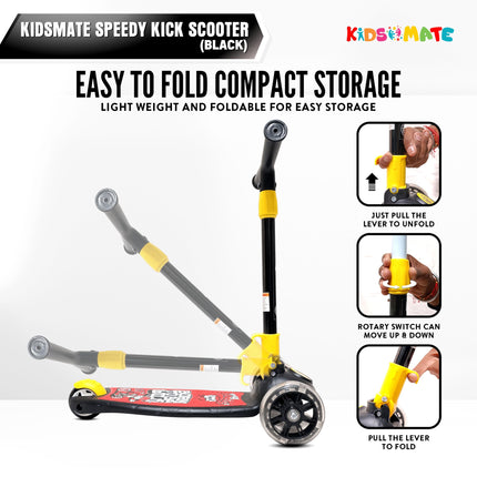 Kidsmate Speedy Kick Scooter for Kids (ISI Certified) with LED Wheel Lights, Height Adjustable Handlebar & Foldable Design & Rear Brakes for Kids of Age 3+ Years (Black) 