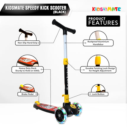 Kidsmate Speedy Kick Scooter for Kids (ISI Certified) with LED Wheel Lights, Height Adjustable Handlebar & Foldable Design & Rear Brakes for Kids of Age 3+ Years (Black) 