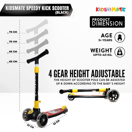 Kidsmate Speedy Kick Scooter for Kids (ISI Certified) with LED Wheel Lights, Height Adjustable Handlebar & Foldable Design & Rear Brakes for Kids of Age 3+ Years (Black) 