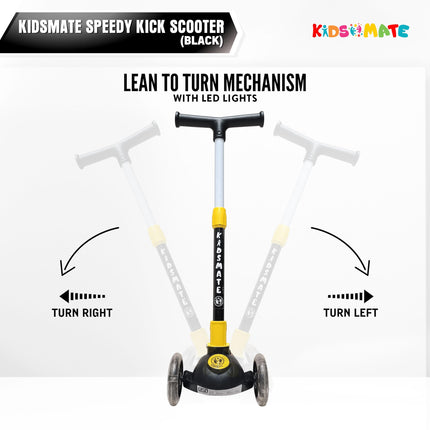 Kidsmate Speedy Kick Scooter for Kids (ISI Certified) with LED Wheel Lights, Height Adjustable Handlebar & Foldable Design & Rear Brakes for Kids of Age 3+ Years (Black) 