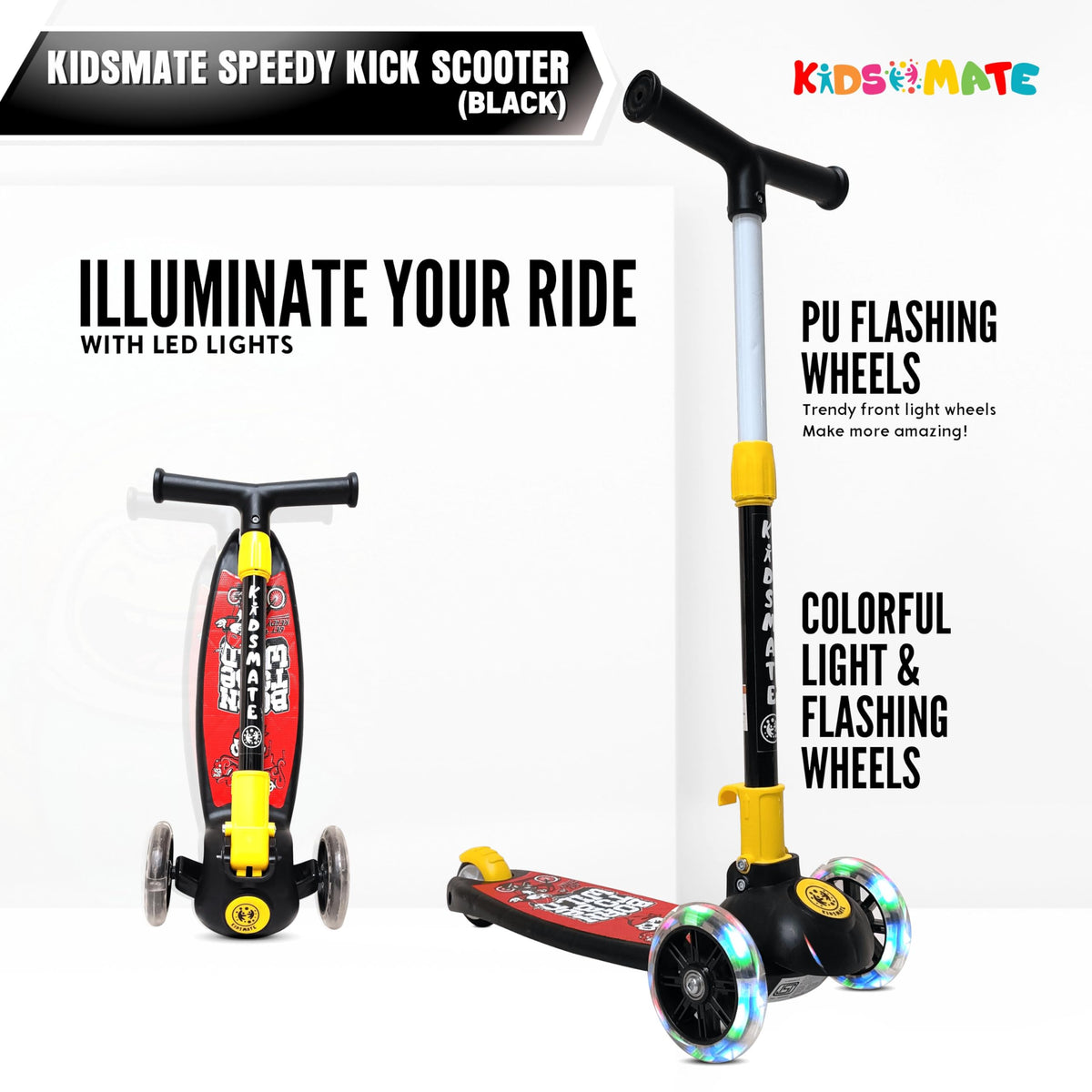 Kidsmate Speedy Kick Scooter for Kids (ISI Certified) with LED Wheel Lights, Height Adjustable Handlebar & Foldable Design & Rear Brakes for Kids of Age 3+ Years (Black) 