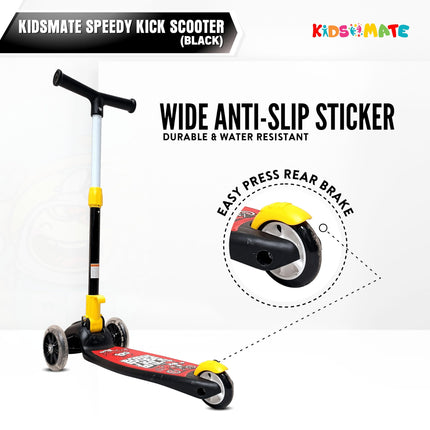 Kidsmate Speedy Kick Scooter for Kids (ISI Certified) with LED Wheel Lights, Height Adjustable Handlebar & Foldable Design & Rear Brakes for Kids of Age 3+ Years (Black) 