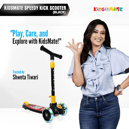 Kidsmate Speedy Kick Scooter for Kids (ISI Certified) with LED Wheel Lights, Height Adjustable Handlebar & Foldable Design & Rear Brakes for Kids of Age 3+ Years (Black) 