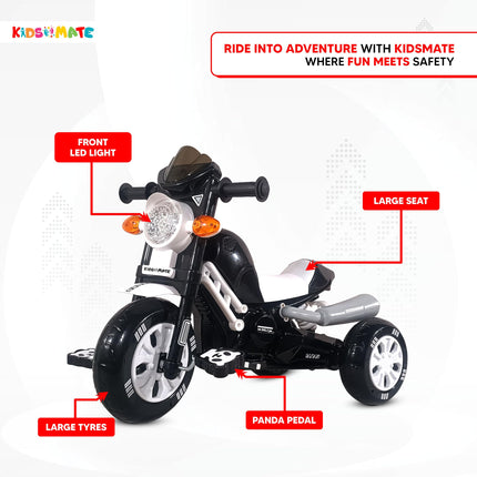 Kidsmate Turbo Bike Pedal Tricycle for Kids | Musical Horn & Lights | Ages 3-6 | Black-White 