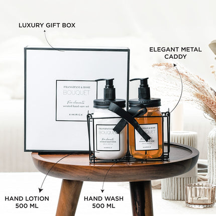 Kimirica Bouquet Hand wash Hand Lotion Duo set with Metal Caddy | Goodness of Frangipani and Rose, 100% Vegan & Paraben Free | Long Lasting fragrance | Luxury Gift set | Gift hamper | Premium Packaging (500ml x 2) 