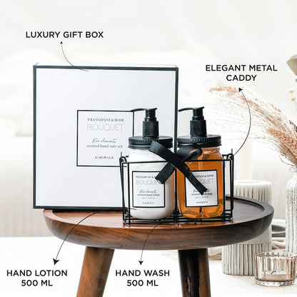 Kimirica Bouquet Hand wash Hand Lotion Duo set with Metal Caddy | Goodness of Frangipani and Rose, 100% Vegan & Paraben Free | Long Lasting fragrance | Luxury Gift set | Gift hamper | Premium Packaging (500ml x 2) 