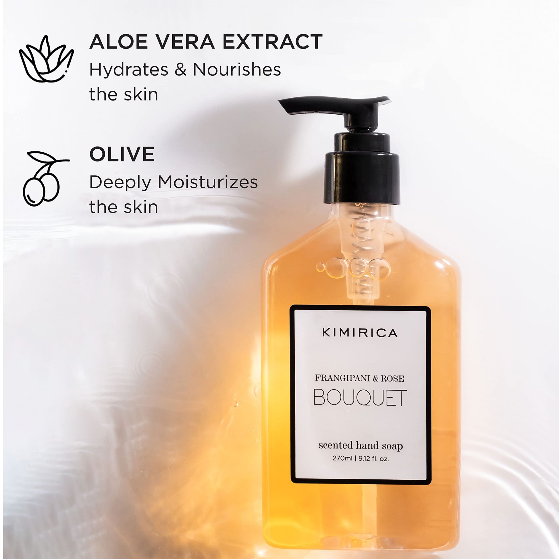 Kimirica Bouquet Luxury Hand Wash | Frangipani and Rose | Skincare Moisturizing | Antibacterial Formula | 100% Vegan & Paraben Free | 270 ml 
