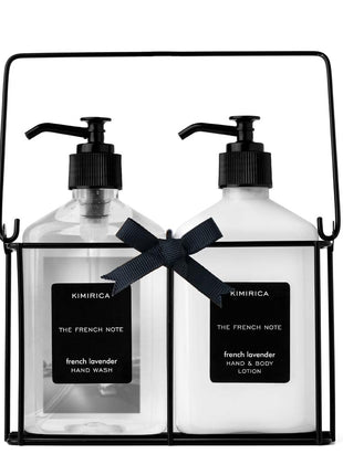 Kimirica Gift Set For Boyfriend,Girlfriend,Husband & Wife French Note Hand Wash Hand Lotion Duo set with Metal Caddy| Lavender luxury Gift Set for Women & Men | (270mlx2) 