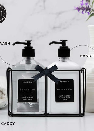 Kimirica Gift Set For Boyfriend,Girlfriend,Husband & Wife French Note Hand Wash Hand Lotion Duo set with Metal Caddy| Lavender luxury Gift Set for Women & Men | (270mlx2) 
