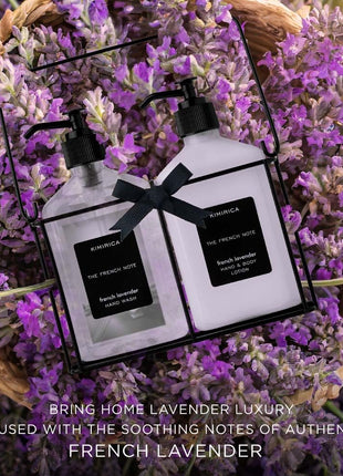 Kimirica Gift Set For Boyfriend,Girlfriend,Husband & Wife French Note Hand Wash Hand Lotion Duo set with Metal Caddy| Lavender luxury Gift Set for Women & Men | (270mlx2) 