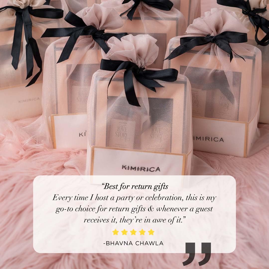 Kimirica Gift Set "Nothing But Love Duo" Potli For Family & Friends | Corporate Return Gifts For Employees, Men & Women | Romantic notes of Gardenia and Night Blooming Jasmine Shower gel, Body lotion with Loofah Inside (Pack of 2) 