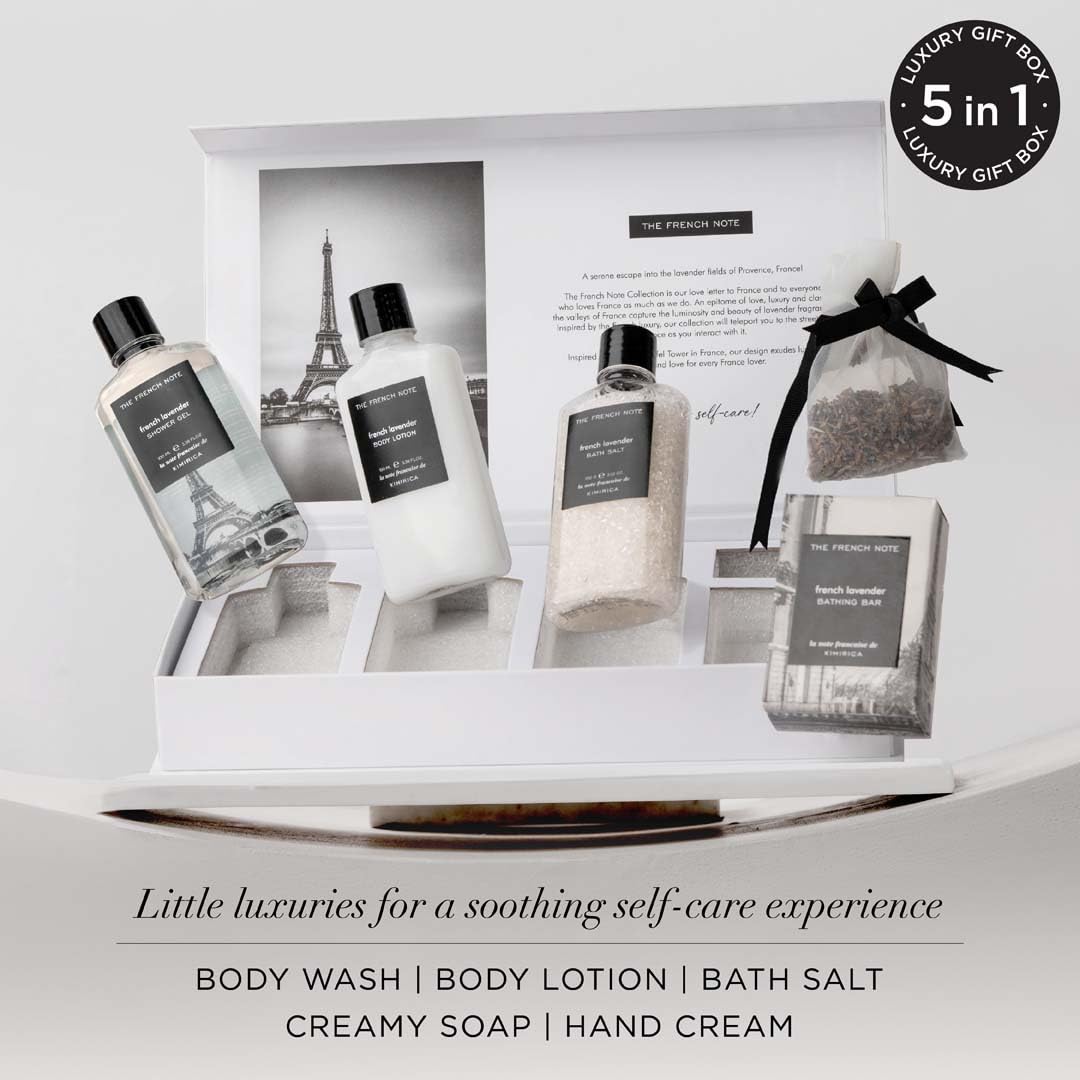 Kimirica The french Note Luxuriously Crafted Gift Set For Women and Men | Pampering Kit for Birthday's & All Special Occasions | Majestic fragrance of French Lavender | 5 Piece Gift Set | 100% Vegan 