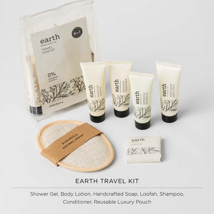 Kimirica Travel Kit Bath Set Earth Luxury Bath and Body Care Travel pouch| 6 in 1 self-care travel kit with a reusable pouch 100% Vegan 