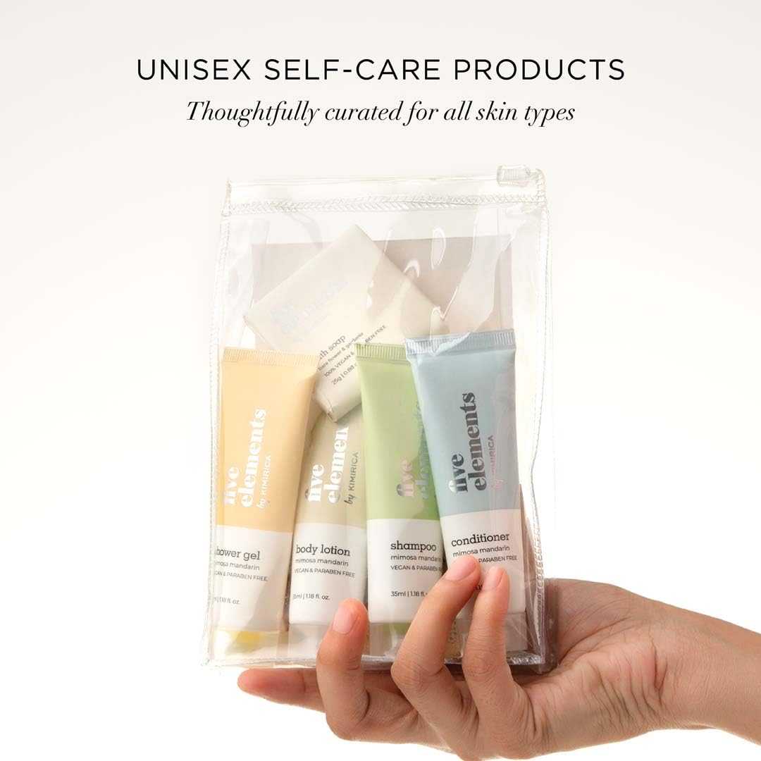Kimirica Travel Kit Bath set Five Elements Luxury Bath and Body Care Travel pouch| 6 in 1 self-care travel kit with a reusable pouch 100% Vegan 