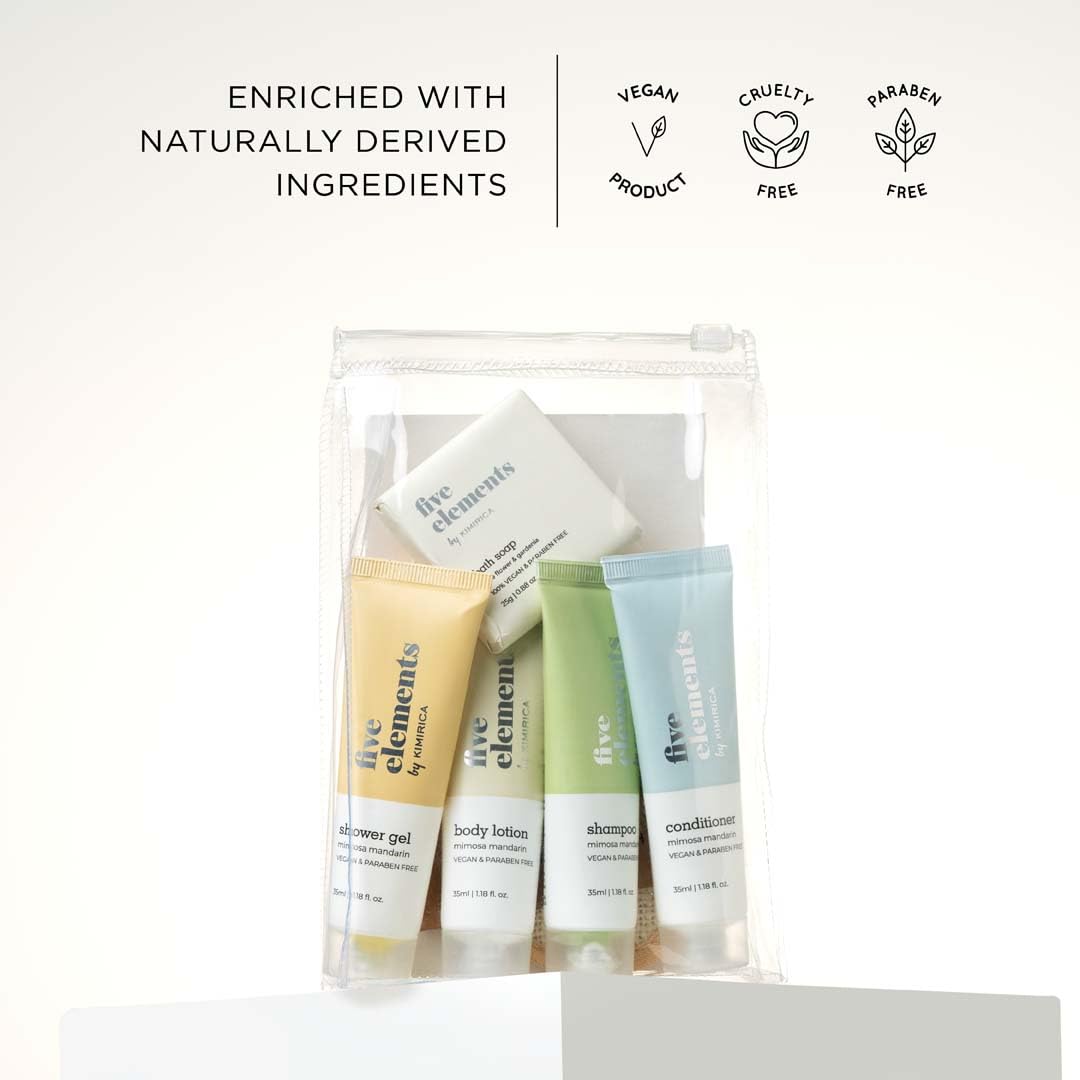 Kimirica Travel Kit Bath set Five Elements Luxury Bath and Body Care Travel pouch| 6 in 1 self-care travel kit with a reusable pouch 100% Vegan 
