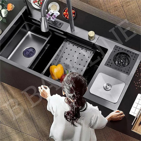 Kitchen Sink 35 Inch - SS 304 Grade Modular Kitchen Sink With Waterfall Pull Down Faucet | Single Bowl With RO-Water Purifier Tap | Fruit Basket & All Accessories (Black, Dustbin 35 X 18 X 9 Inch) 