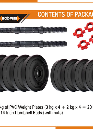 Kore 20 KG PVC-DM COMBO16 (3Kg X 4 Plates + 2Kg X 4 Plates) Home Gym Dumbbells Kit, Black 