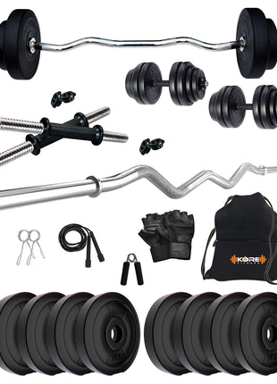 Kore PVC 16 Kg Home Gym Set With One 3 Ft Curl And One Pair Dumbbell Rods With Gym Accessories, Black 