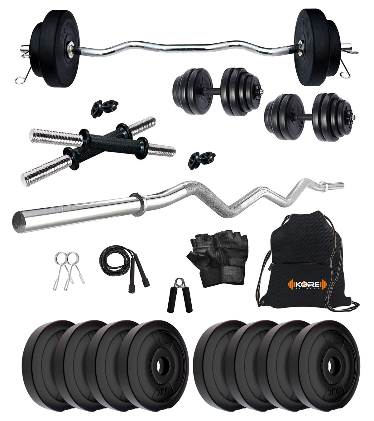 Kore PVC 16 Kg Home Gym Set With One 3 Ft Curl And One Pair Dumbbell Rods With Gym Accessories, Black 