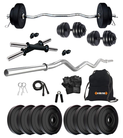 Kore PVC 16 Kg Home Gym Set With One 3 Ft Curl And One Pair Dumbbell Rods With Gym Accessories, Black 