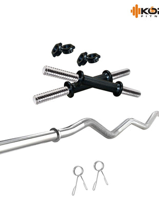 Kore PVC 16 Kg Home Gym Set With One 3 Ft Curl And One Pair Dumbbell Rods With Gym Accessories, Black 