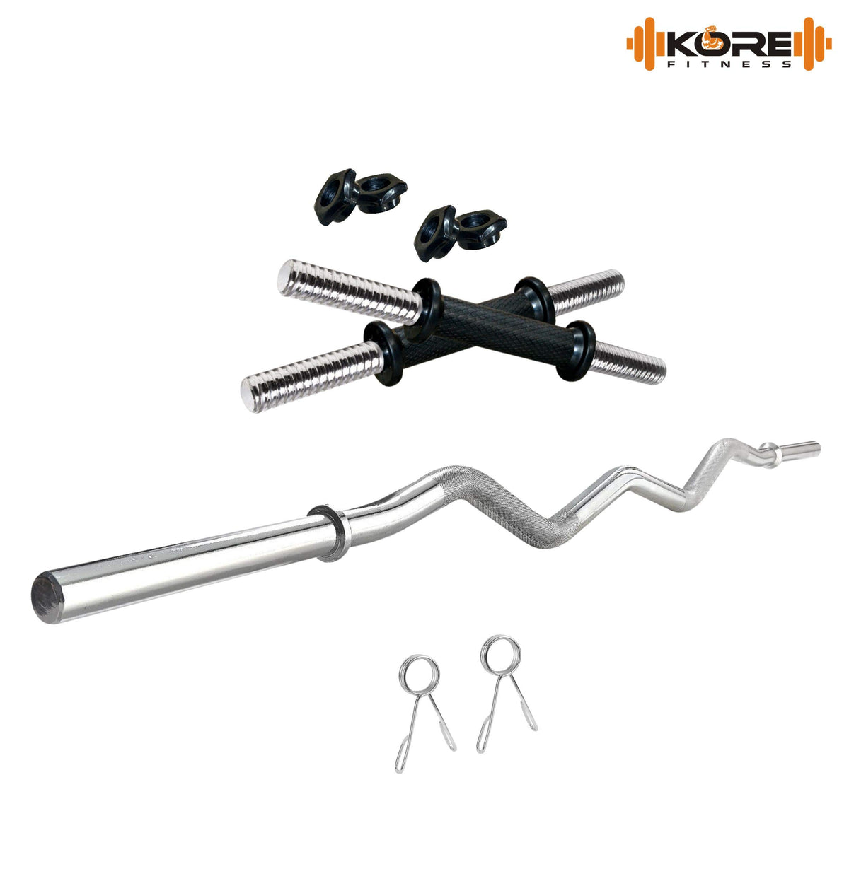 Kore PVC 16 Kg Home Gym Set With One 3 Ft Curl And One Pair Dumbbell Rods With Gym Accessories, Black 