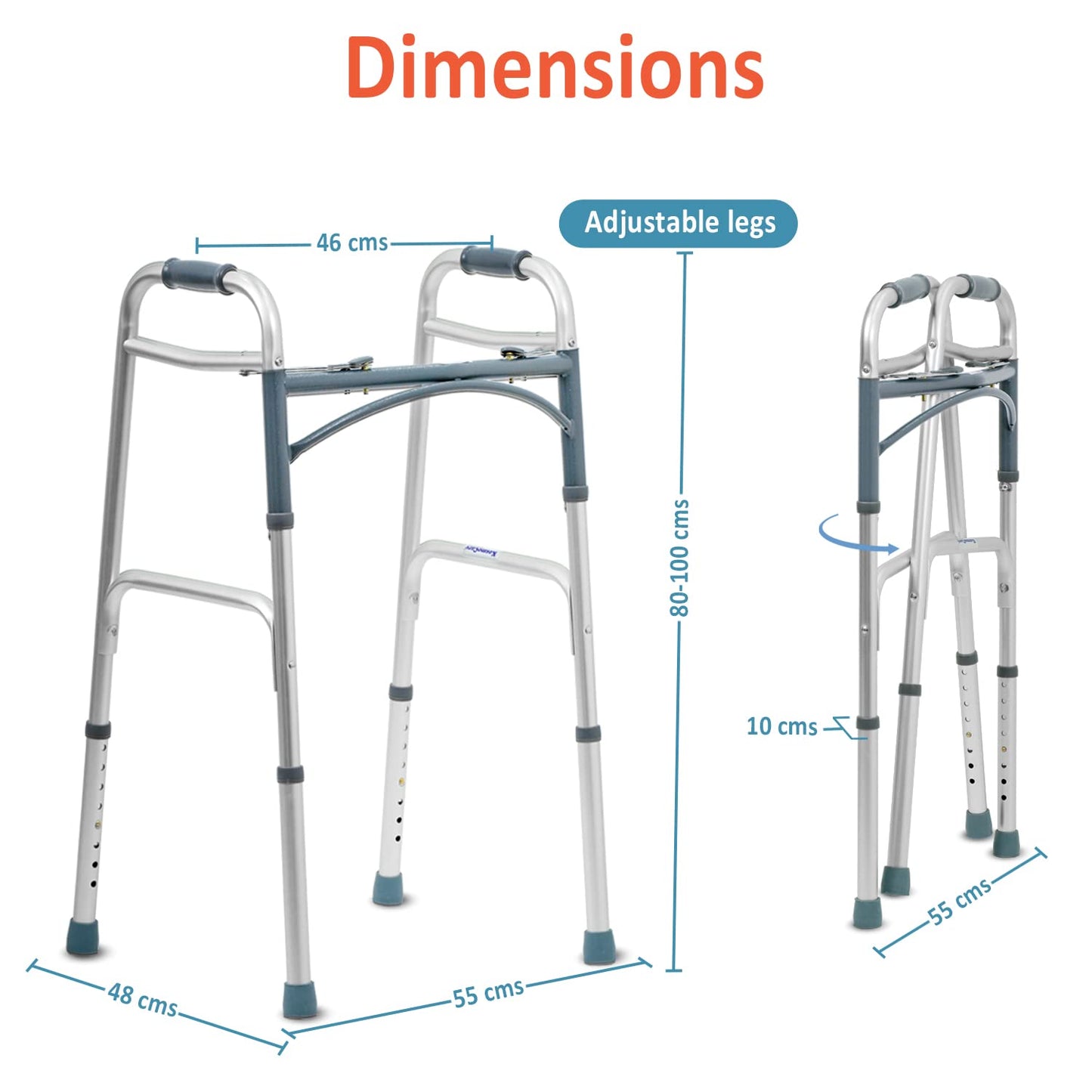 KosmoCare Premium Imported Light Weight Aluminum Height Adjustable Folding Walker 2 - Silver 