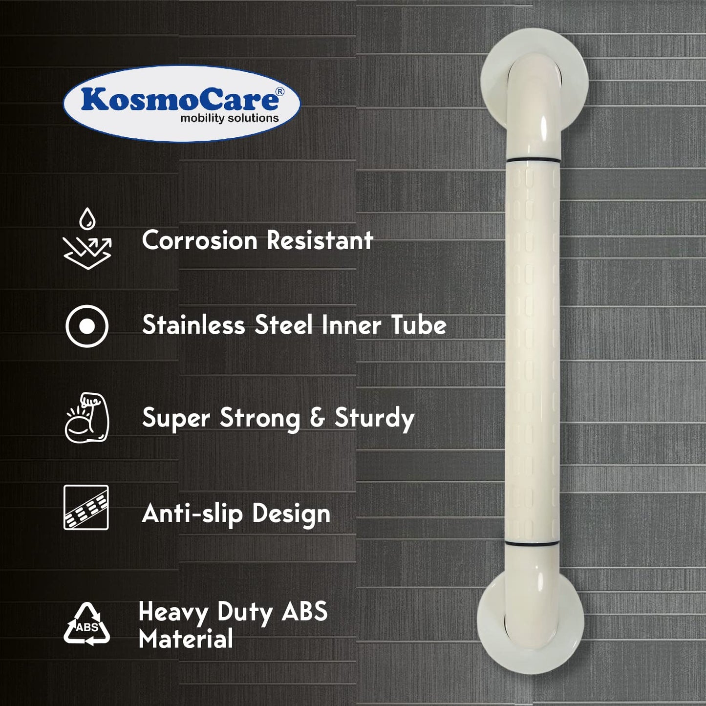 KosmoCare Stainless Steel 304 Grab Bar with Anti-Slip Nylon Grip - 12" | Heavy Duty Shower Handle for use in Toilet, Bathroom, Stairway Handrail for The Elderly, Pregnant Women & Handicap | 