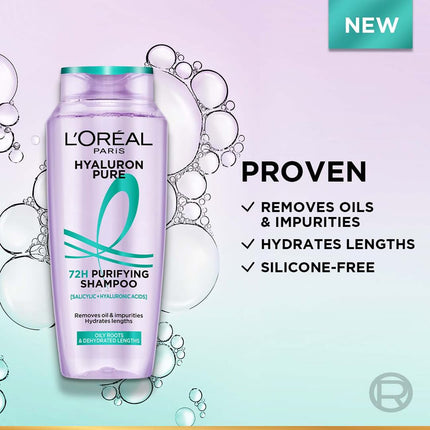 L’Oréal Paris Hyaluron Pure 72H Purifying Shampoo, For oily scalp & dry hair with salicylic and hyaluronic acid, 200 ml 