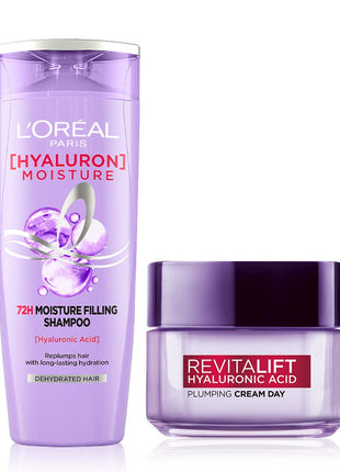 L'Oréal Paris Moisture Filling Shampoo, With Hyaluronic Acid, For Dry & Dehydrated Hair, Hyaluron Moisture 72H, 340ml & L'Oreal Paris Day Cream for Women Revitalift Hyaluronic Acid, 15ml 